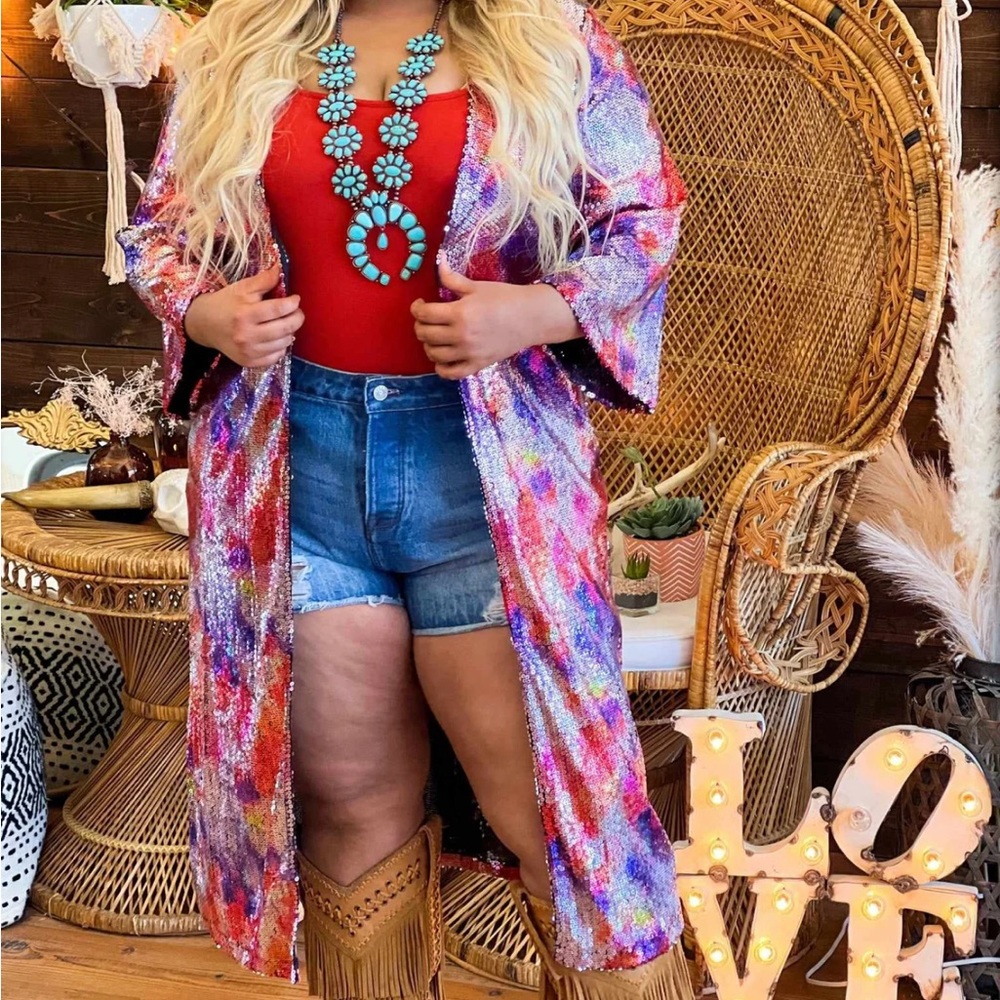 Southern Fried Chics Multi-Color Sequin Kimono
Style Duster